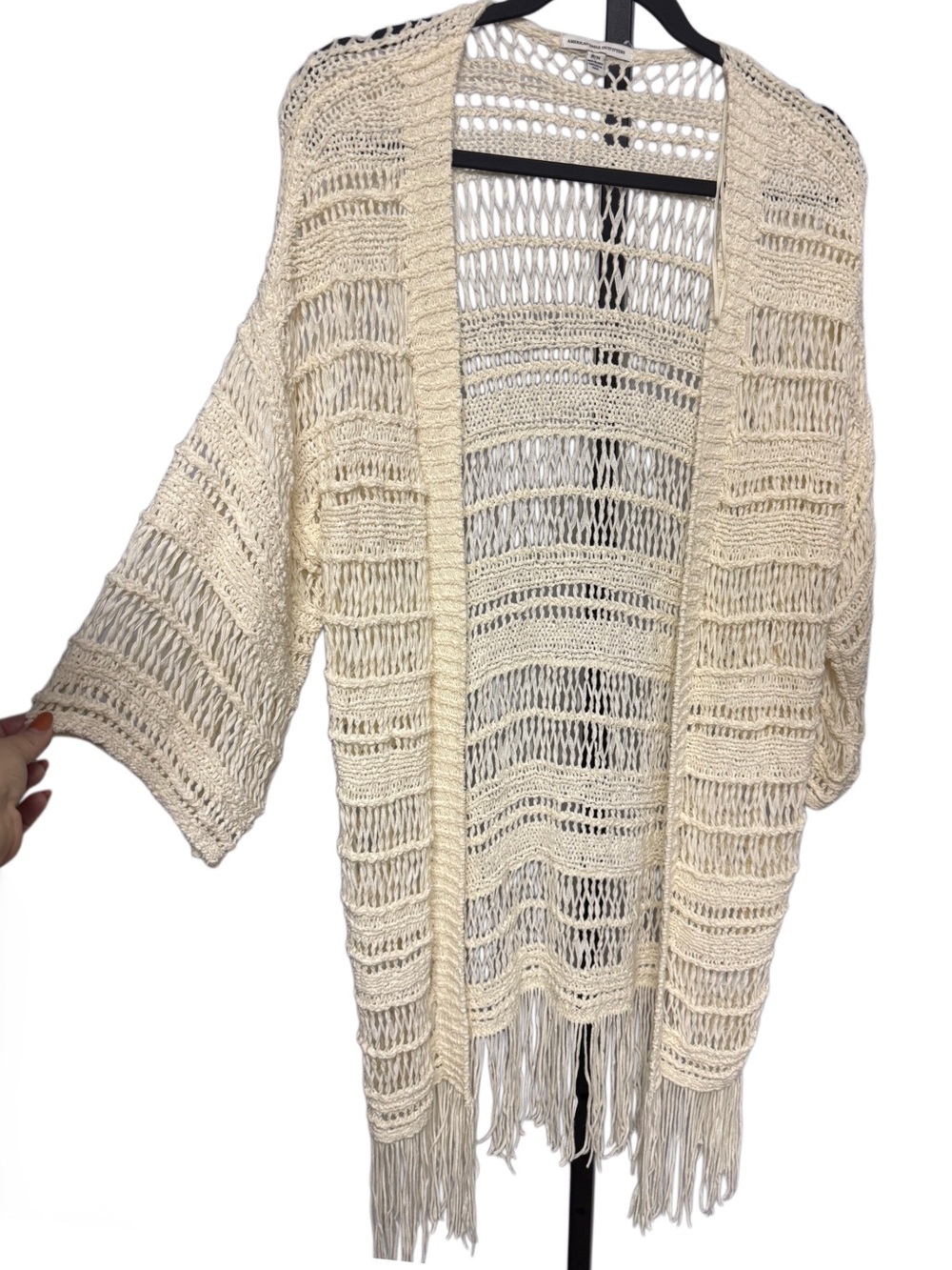 American Eagle Outfitters Open-Weave Fringe Cardigan - Cream